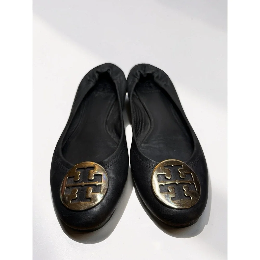 Tory Burch Reva Ballet Flats Gold Medallion Black Leather Comfy Stretch Size 10